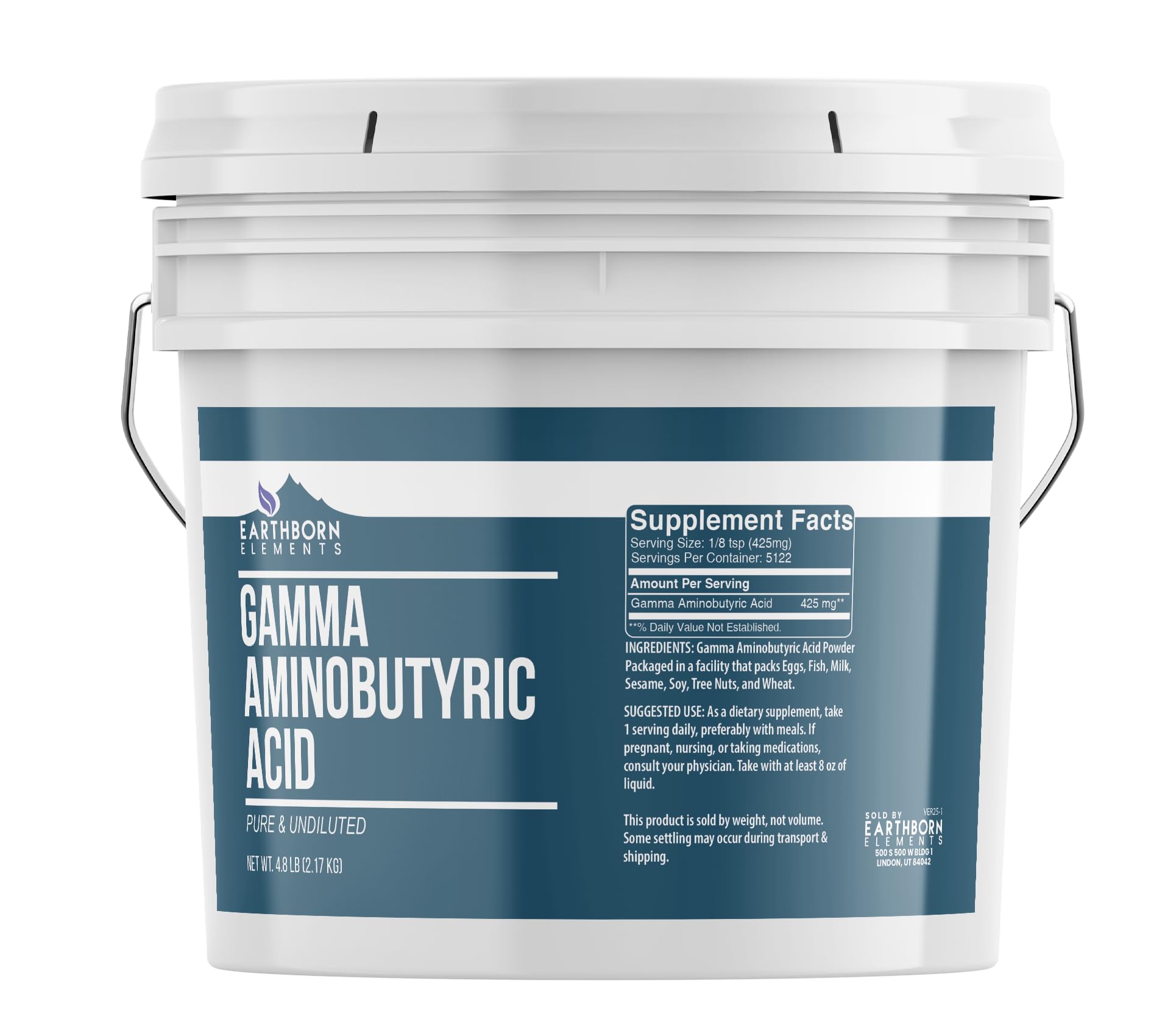 Earthborn Elements GABA bucket front view highlighting pure, undiluted supplement for daily balance