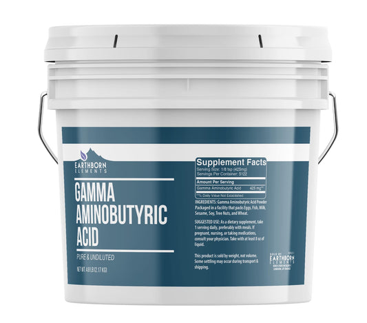 Earthborn Elements GABA bucket front view highlighting pure, undiluted supplement for daily balance