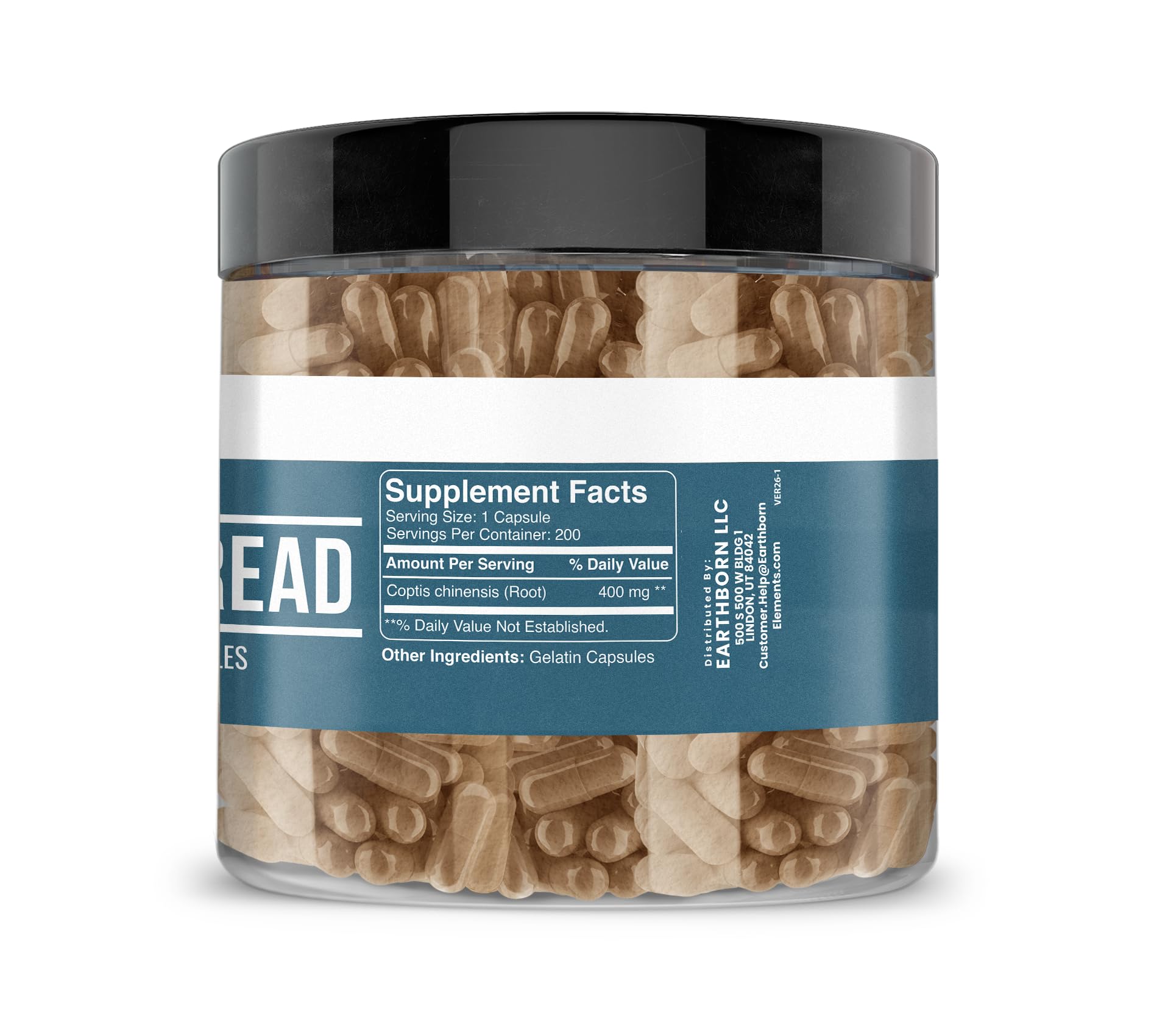 Earthborn Elements Golden Thread capsules close-up, smooth to swallow for daily use.