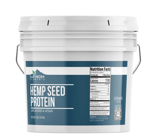 Earthborn Elements hemp seed protein bucket shown for long-lasting freshness
