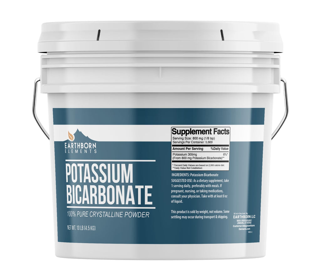 Earthborn Elements Potassium Bicarbonate in a resealable bucket for storage.