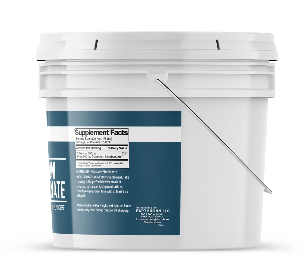 Label close-up highlighting Earthborn Elements purity and brand trust for potassium bicarbonate.