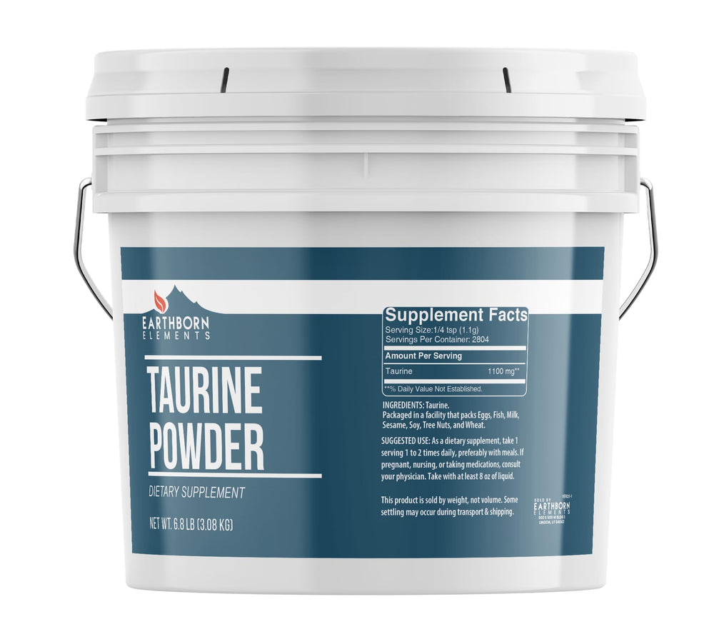 Earthborn Elements Taurine Powder label on the 1 gallon bucket highlights purity and no additives.
