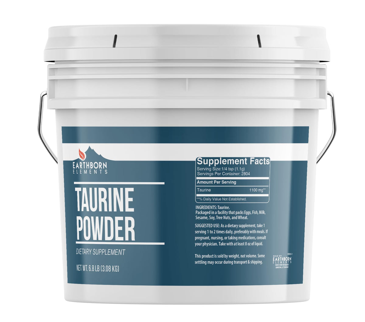 Earthborn Elements Taurine Powder label on the 1 gallon bucket highlights purity and no additives.
