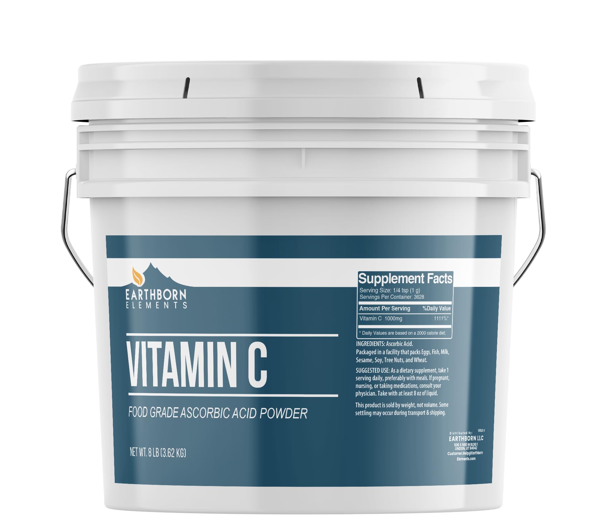Earthborn Elements Vitamin C powder in a resealable bucket shows purity and convenience.