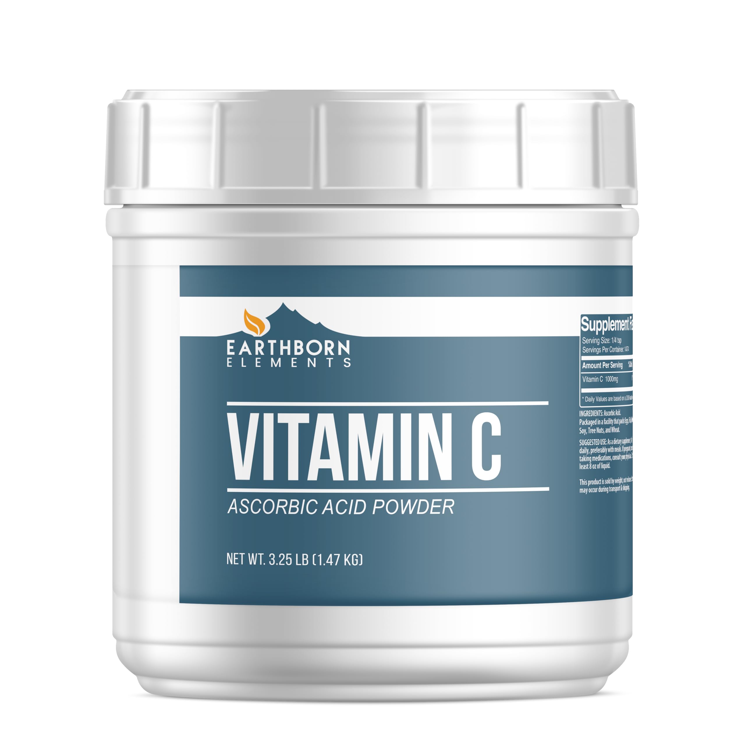 Earthborn Elements Vitamin C powder in a resealable bucket for easy storage.