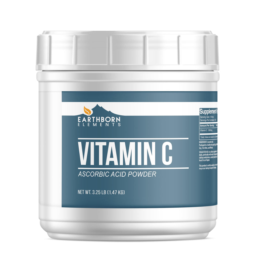 Earthborn Elements Vitamin C powder in a resealable bucket for easy storage.