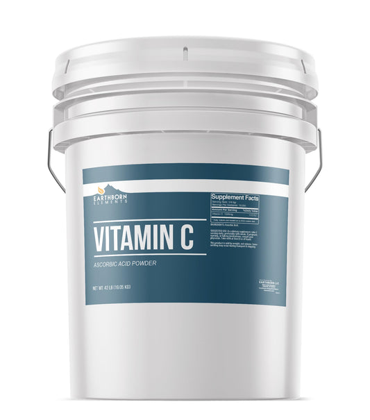 Earthborn Elements Vitamin C powder in a resealable bucket for easy storage.