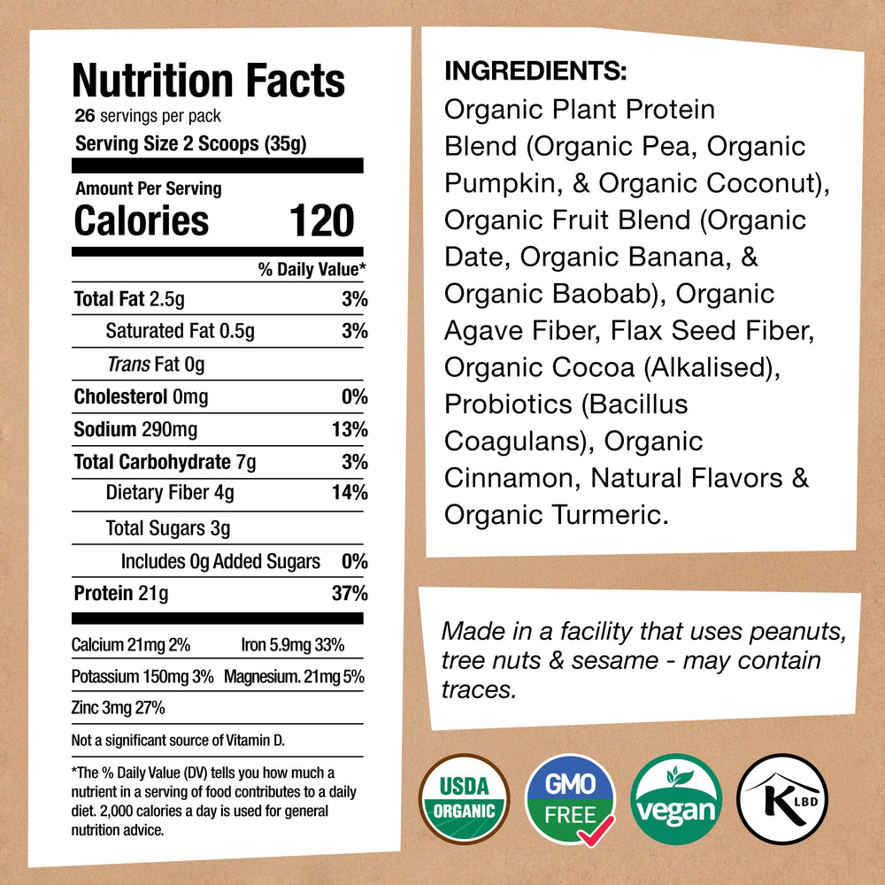 EarthChimp Organic Vegan Protein bottle back label detailing ingredients and allergen-free features