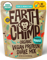 EarthChimp Organic Vegan Protein bottle front highlighting organic certification and probiotic formula for daily wellness