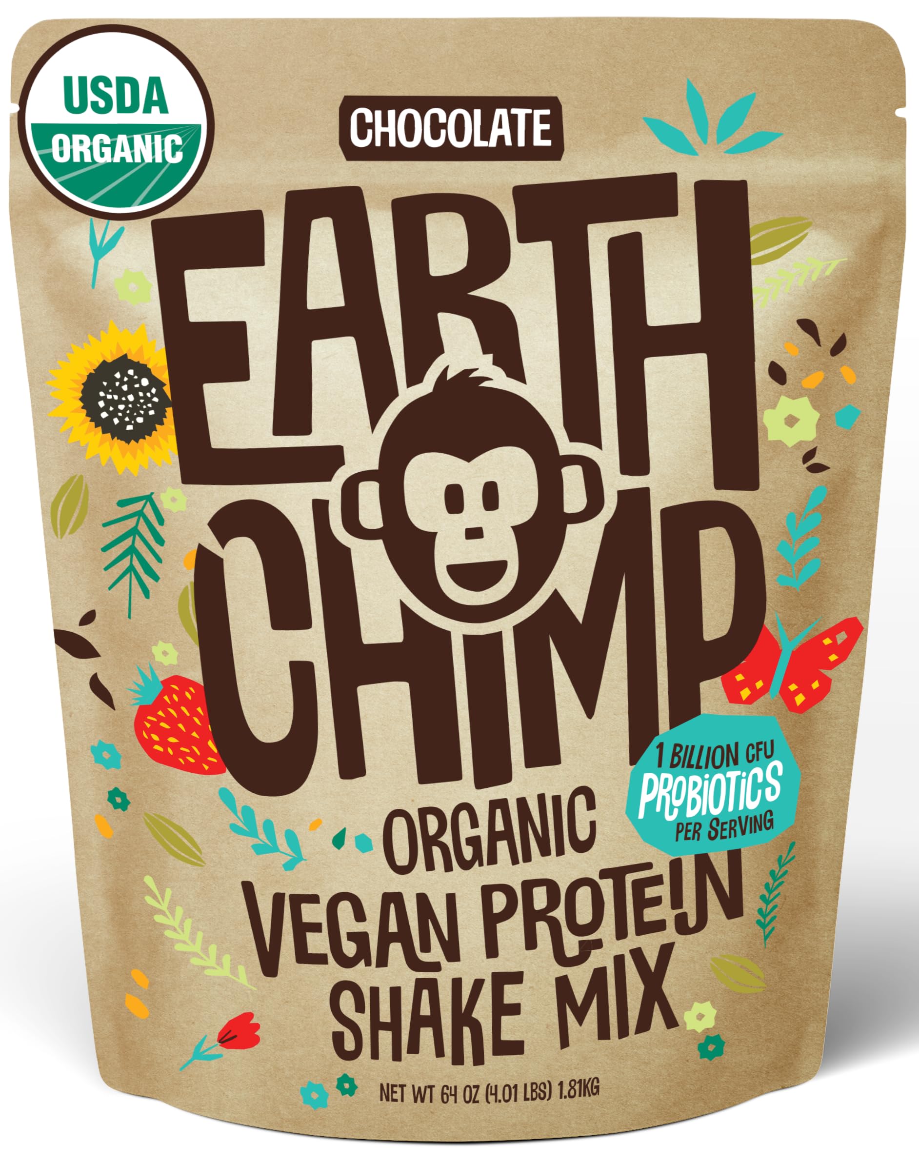 EarthChimp organic vegan chocolate protein powder in bag, ready for a tasty shake