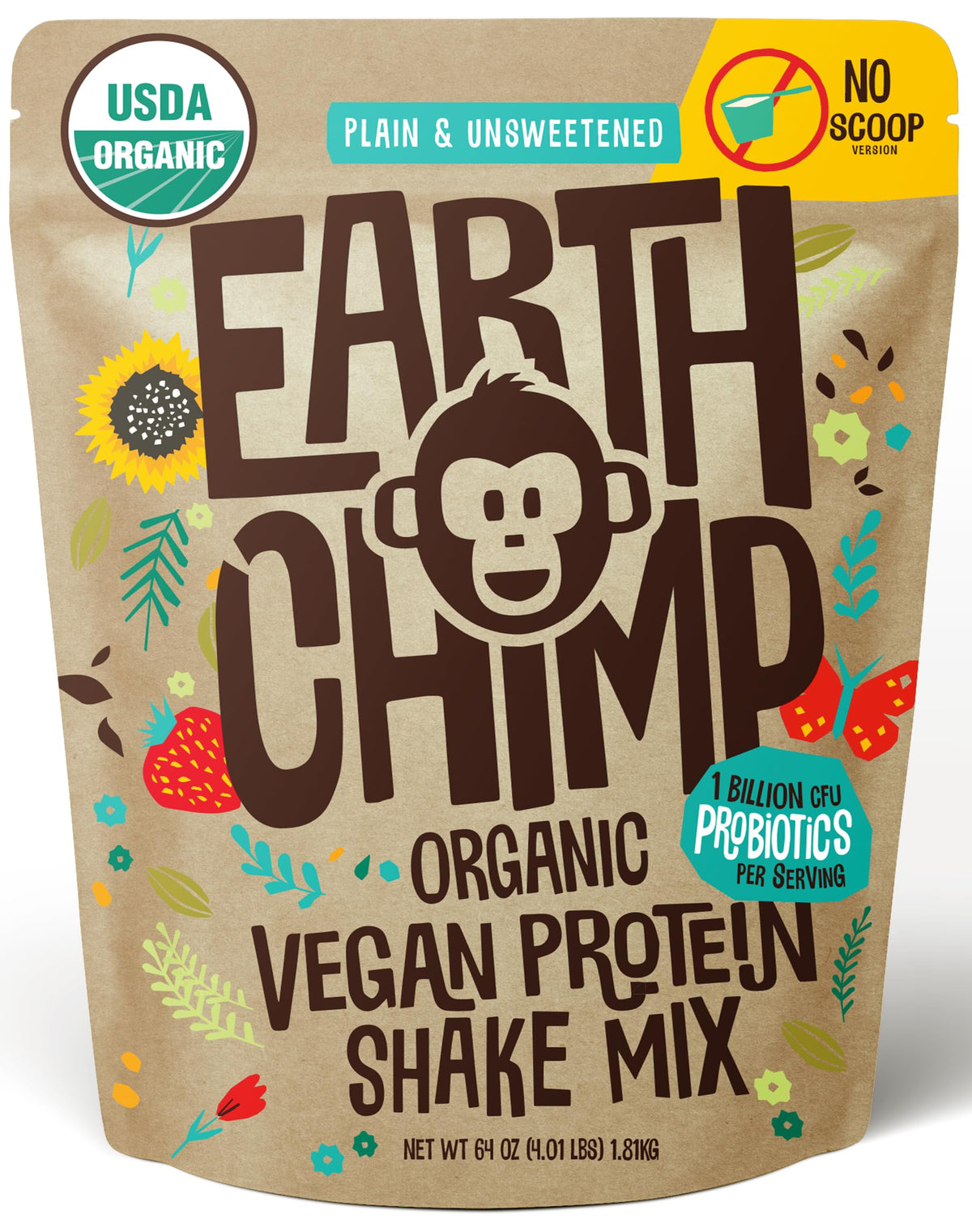 EarthChimp Organic Vegan Protein Powder bottle, plain unsweetened for versatile smoothies