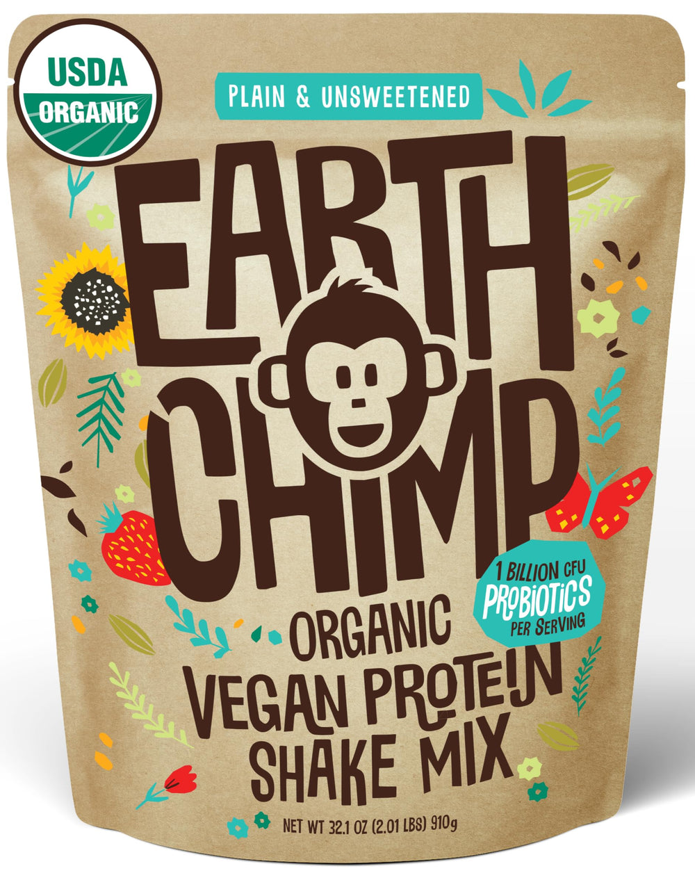 EarthChimp organic vegan protein tub front for plant-based nutrition