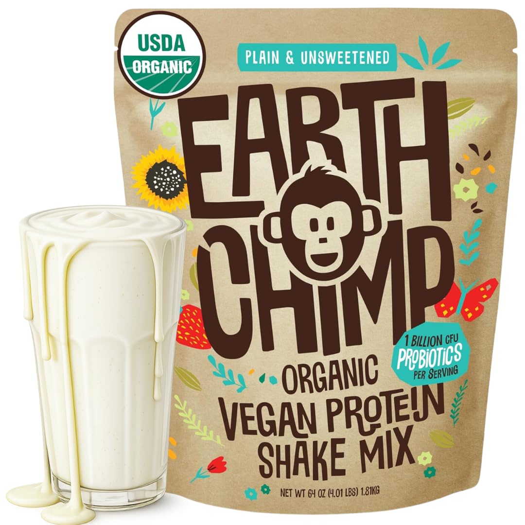 EarthChimp organic vegan protein tub on shelf highlighting plant-based protein