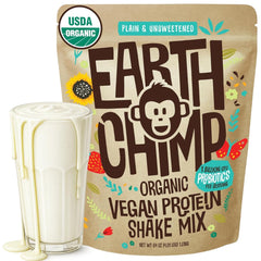 EarthChimp organic vegan protein tub on shelf highlighting plant-based protein