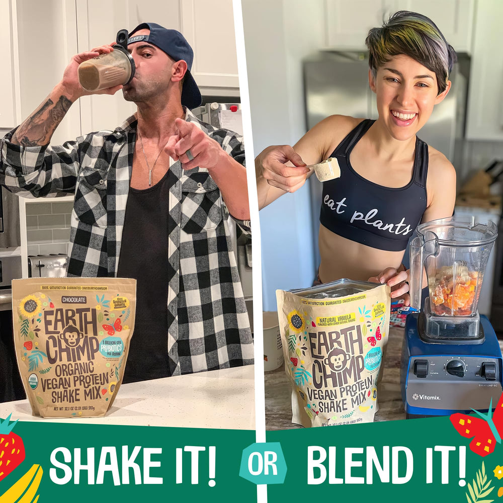 EarthChimp ready-to-blend chocolate smoothie featuring protein powder