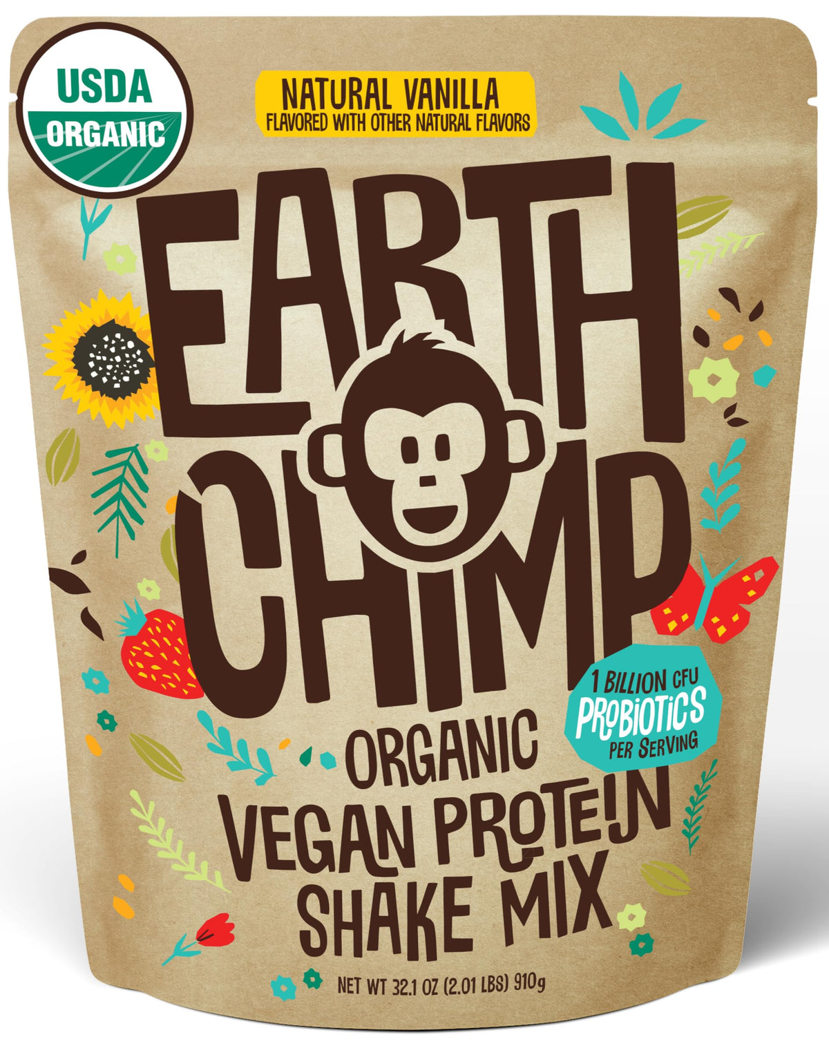EarthChimp vanilla organic vegan protein powder bottle for daily shakes
