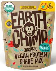 EarthChimp Vanilla protein powder jar for a natural plant-based shake.