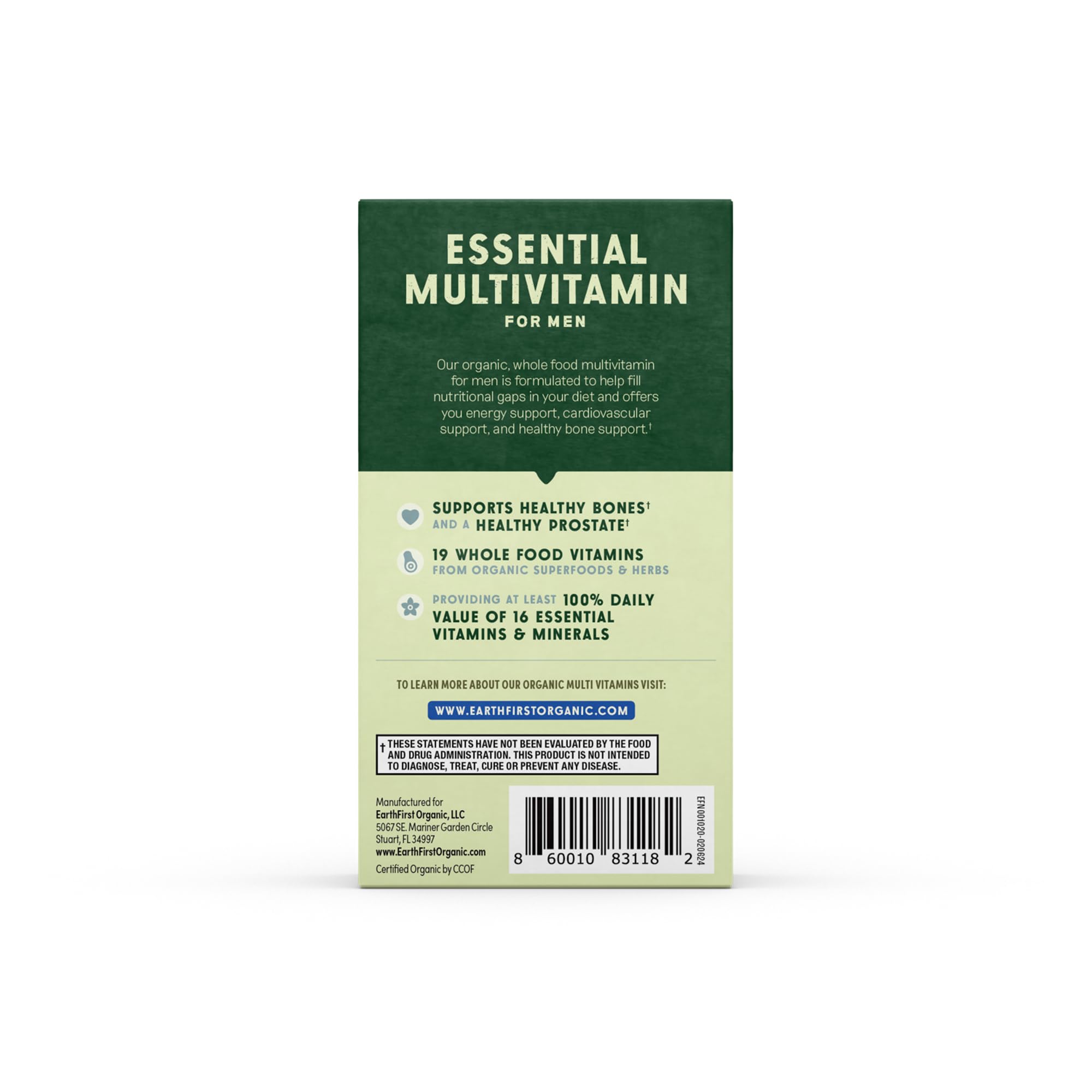 EarthFirst Organic Men's Multi bottle on shelf emphasizes bone strength nutrients.