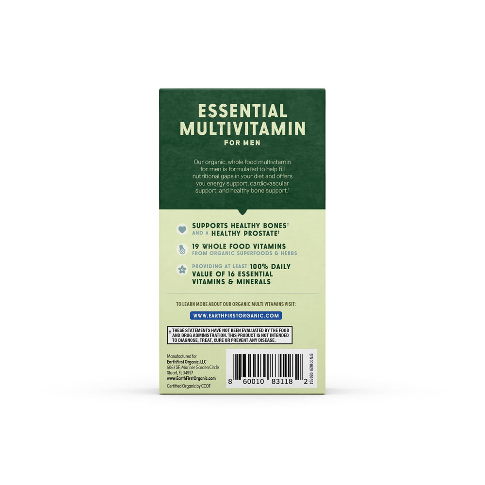 EarthFirst Organic Men's Multi bottle on shelf emphasizes bone strength nutrients.