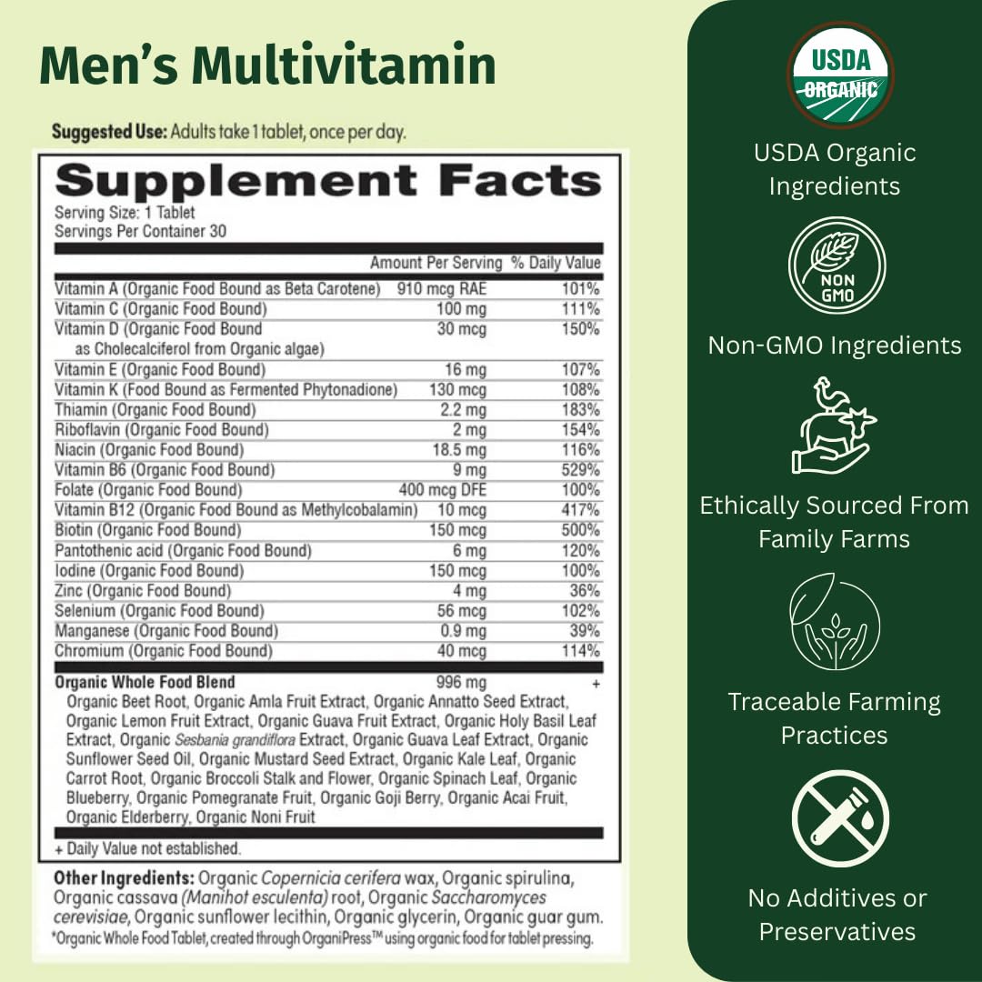 EarthFirst Organic Men's Multi bottle front highlighting vegan, non-GMO daily wellness.
