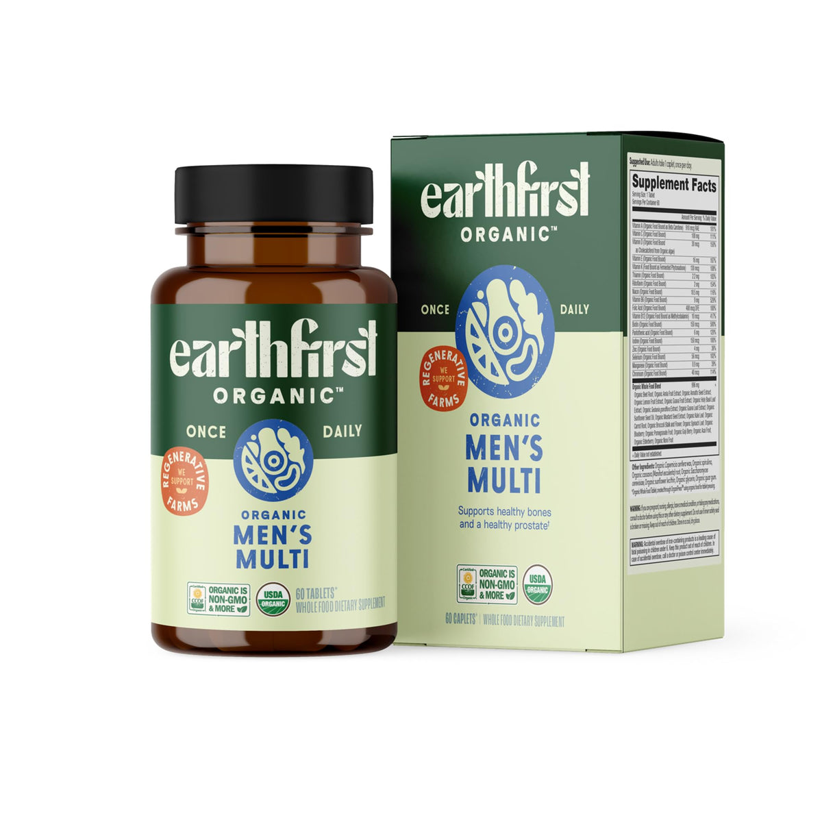 EarthFirst Organic Men's Multi caplets close-up for daily energy support.