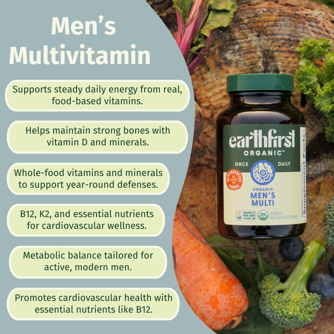 EarthFirst Organic Men's Multi vegan label signals plant-based nutrition for daily vitality.