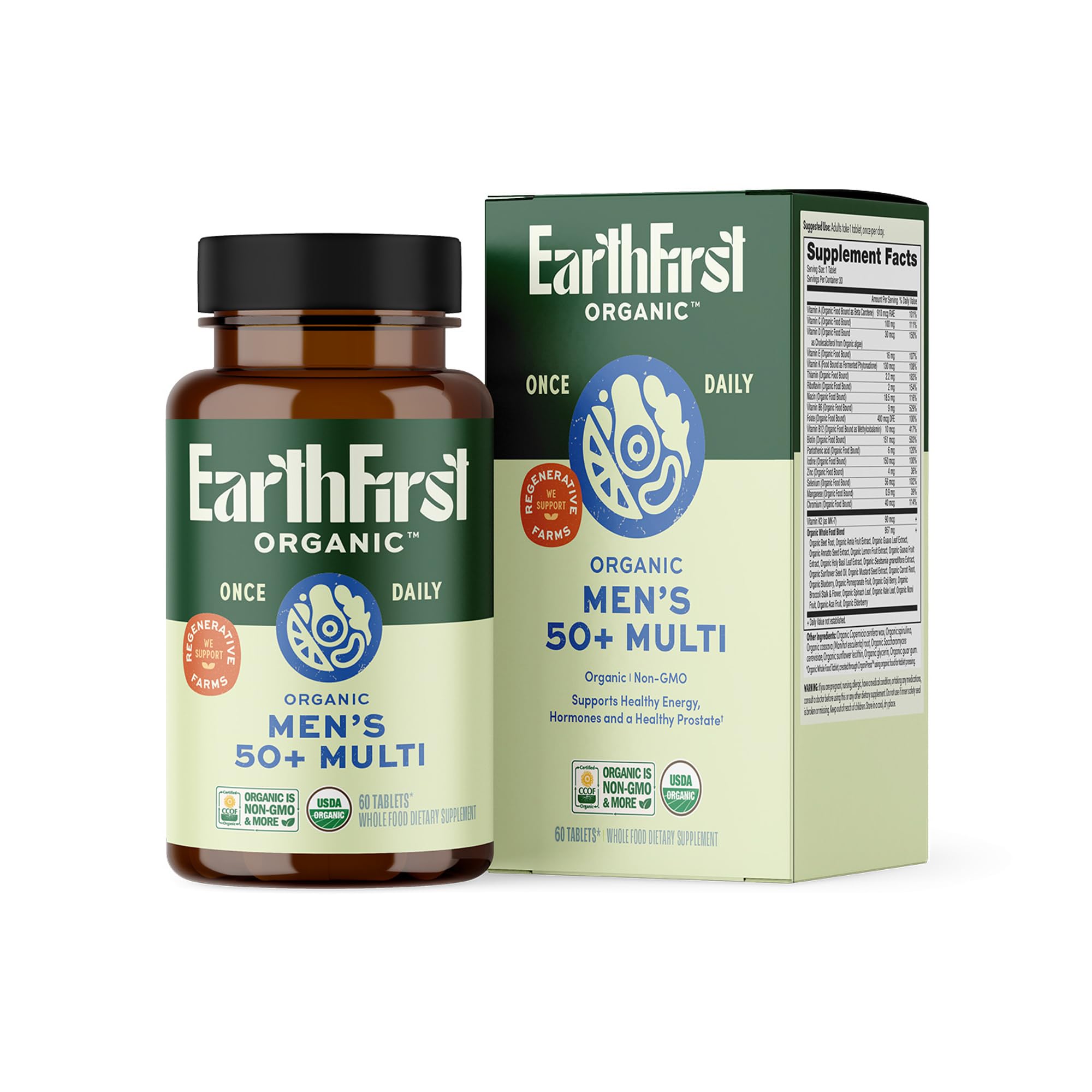 EarthFirst Organic Once Daily Multivitamin for Men 50+ bottle front with clean label supporting healthy aging