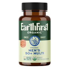 EarthFirst Organic bottle in hand conveys trusted daily support for men 50+