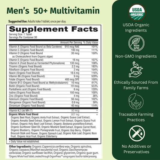 EarthFirst Organic bottle label highlighting 19 vitamins for energy and bone support
