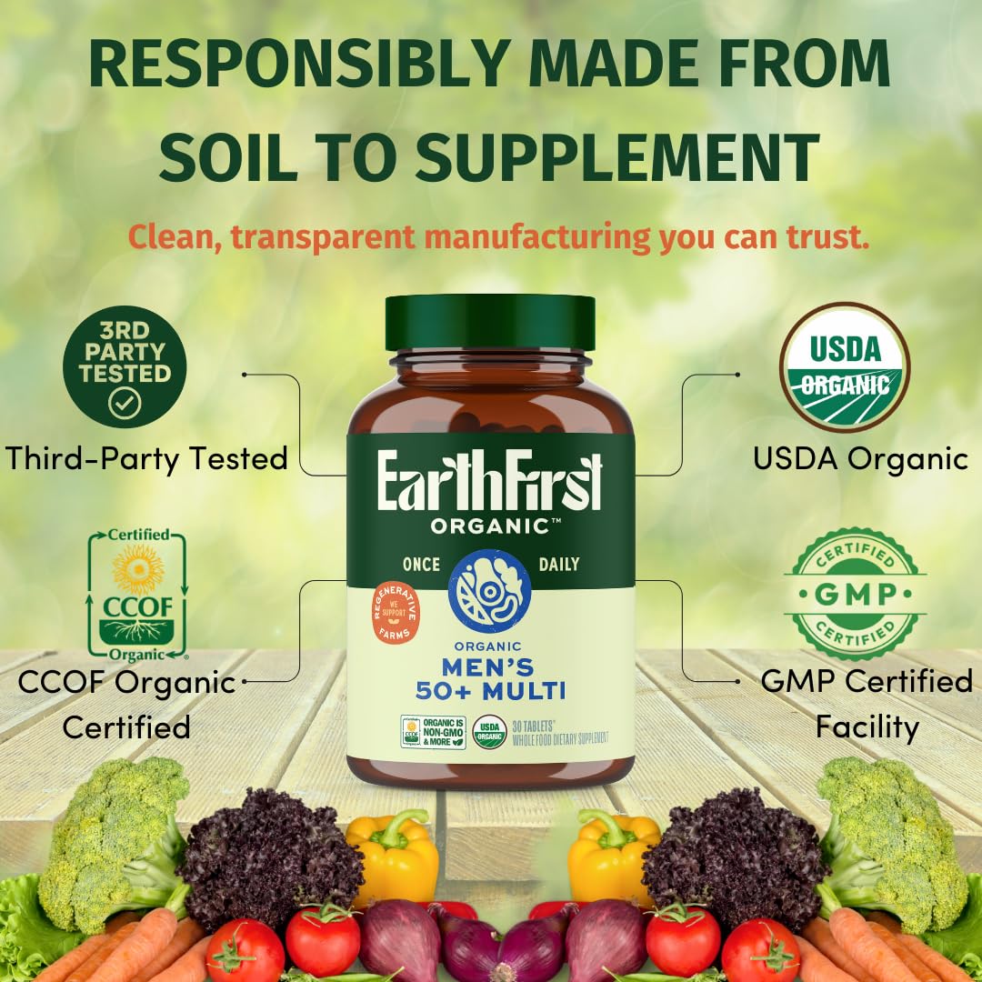 EarthFirst Organic bottle side view emphasizes dosage guidance for daily use