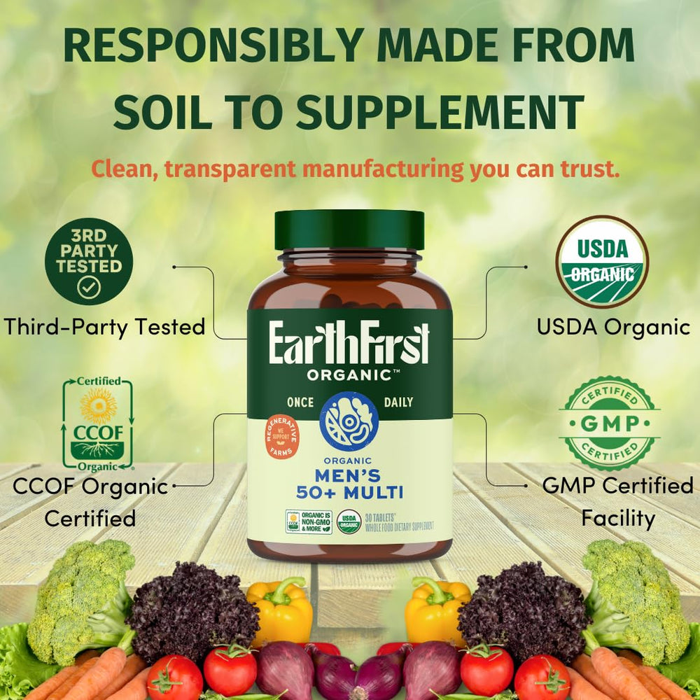 EarthFirst Organic bottle side view emphasizes dosage guidance for daily use