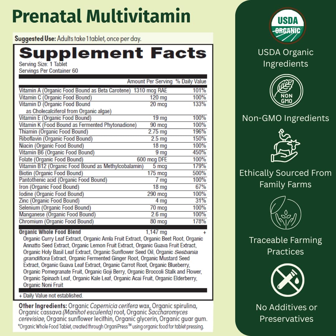 EarthFirst Organic Prenatal bottle back showing ingredients and usage for expectant moms.