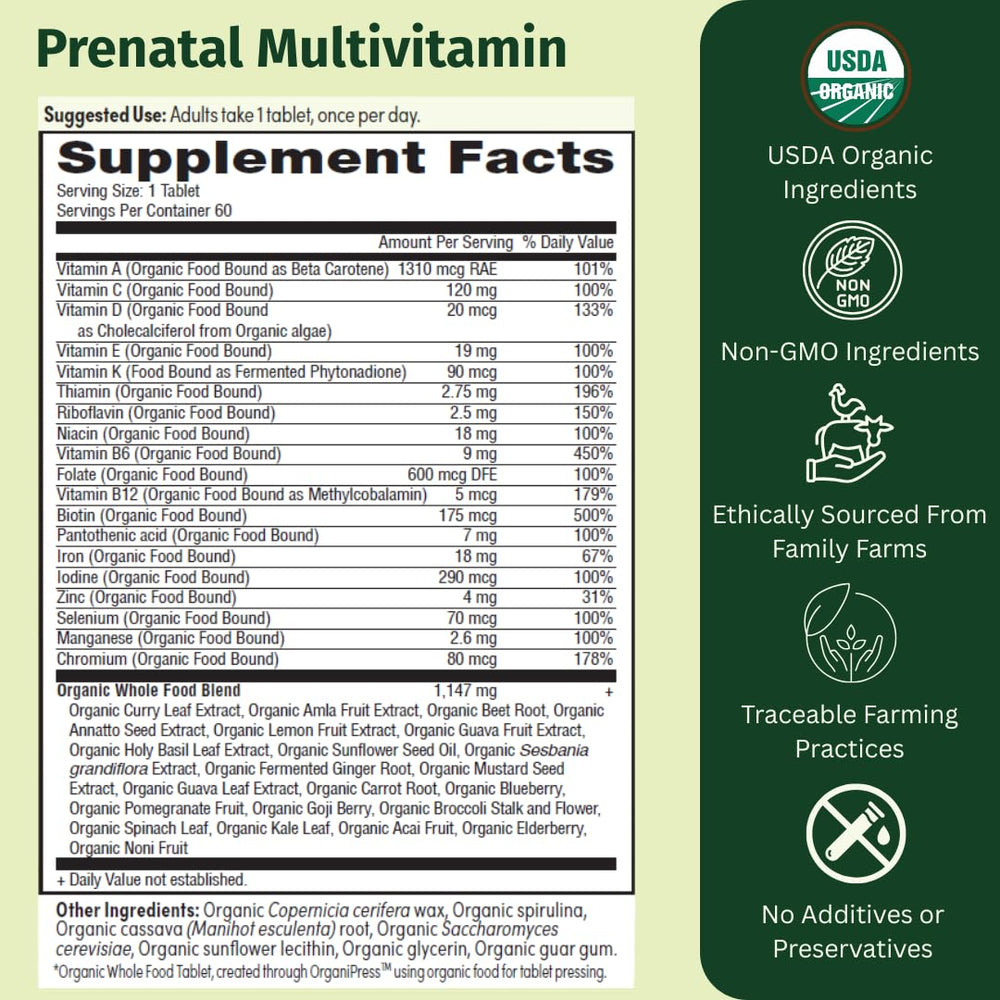 EarthFirst Organic Prenatal bottle back showing ingredients and usage for expectant moms.