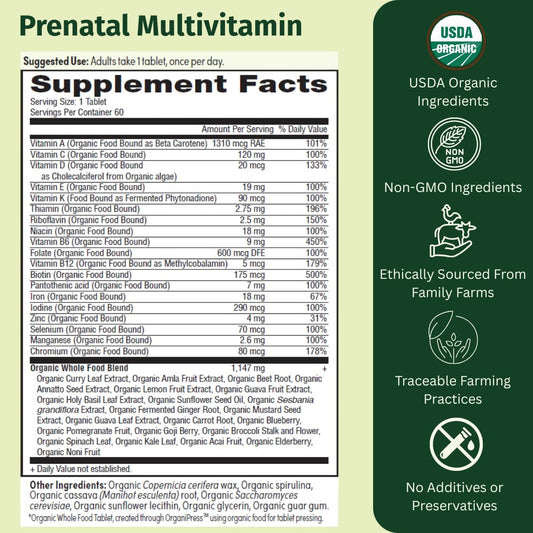 EarthFirst Organic Prenatal bottle back showing ingredients and usage for expectant moms.