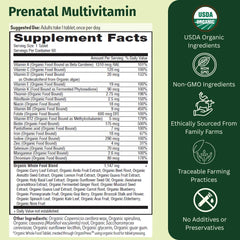 EarthFirst Organic Prenatal bottle back showing ingredients and usage for expectant moms.