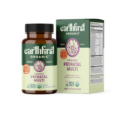 EarthFirst Organic Prenatal bottle front with eco packaging for daily prenatal nutrition.