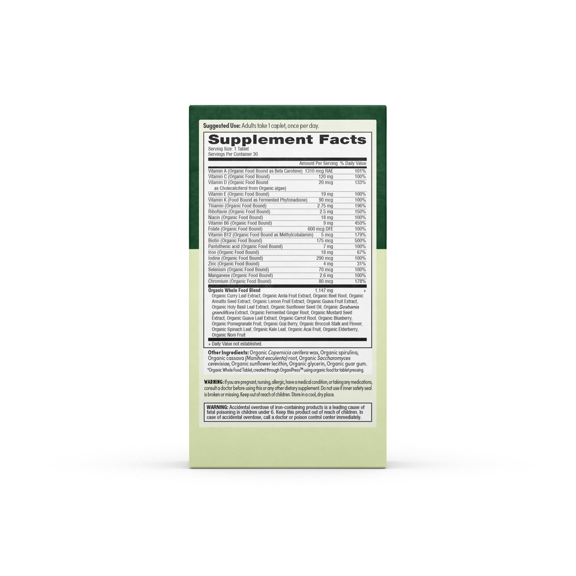 Information card for EarthFirst Organic Prenatal provides dosing guidance for pregnancy.