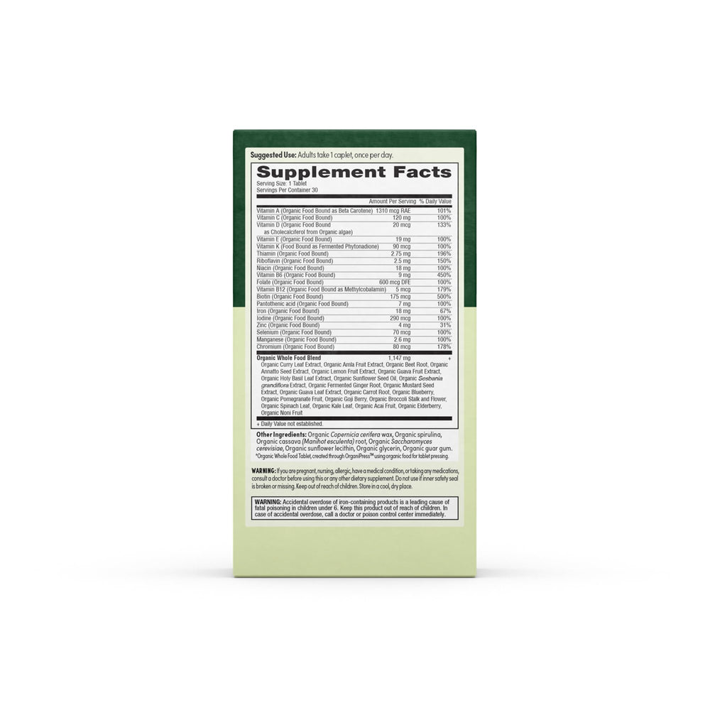 Information card for EarthFirst Organic Prenatal provides dosing guidance for pregnancy.