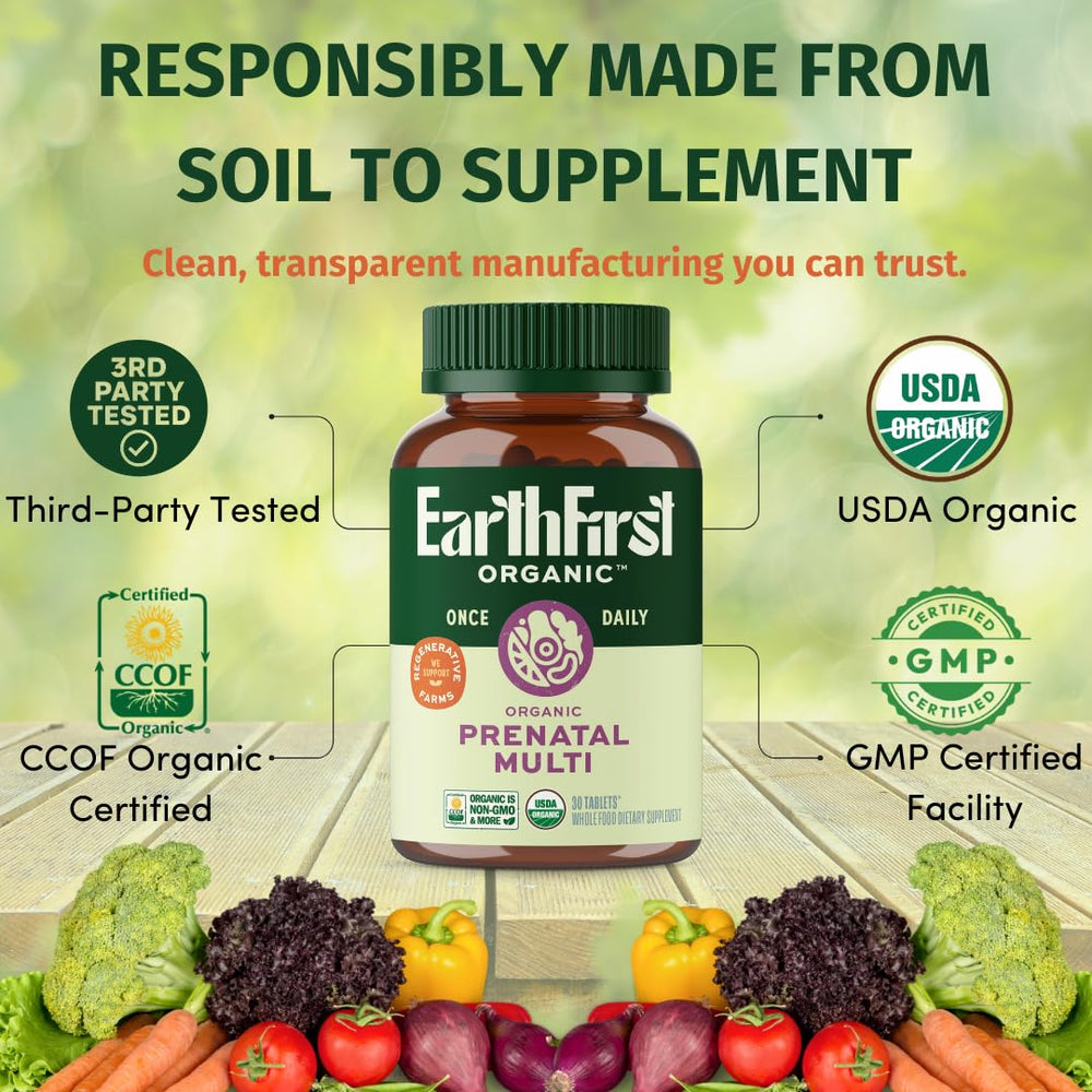 Packaging box of EarthFirst Organic Prenatal, recyclable materials for eco-conscious shoppers.