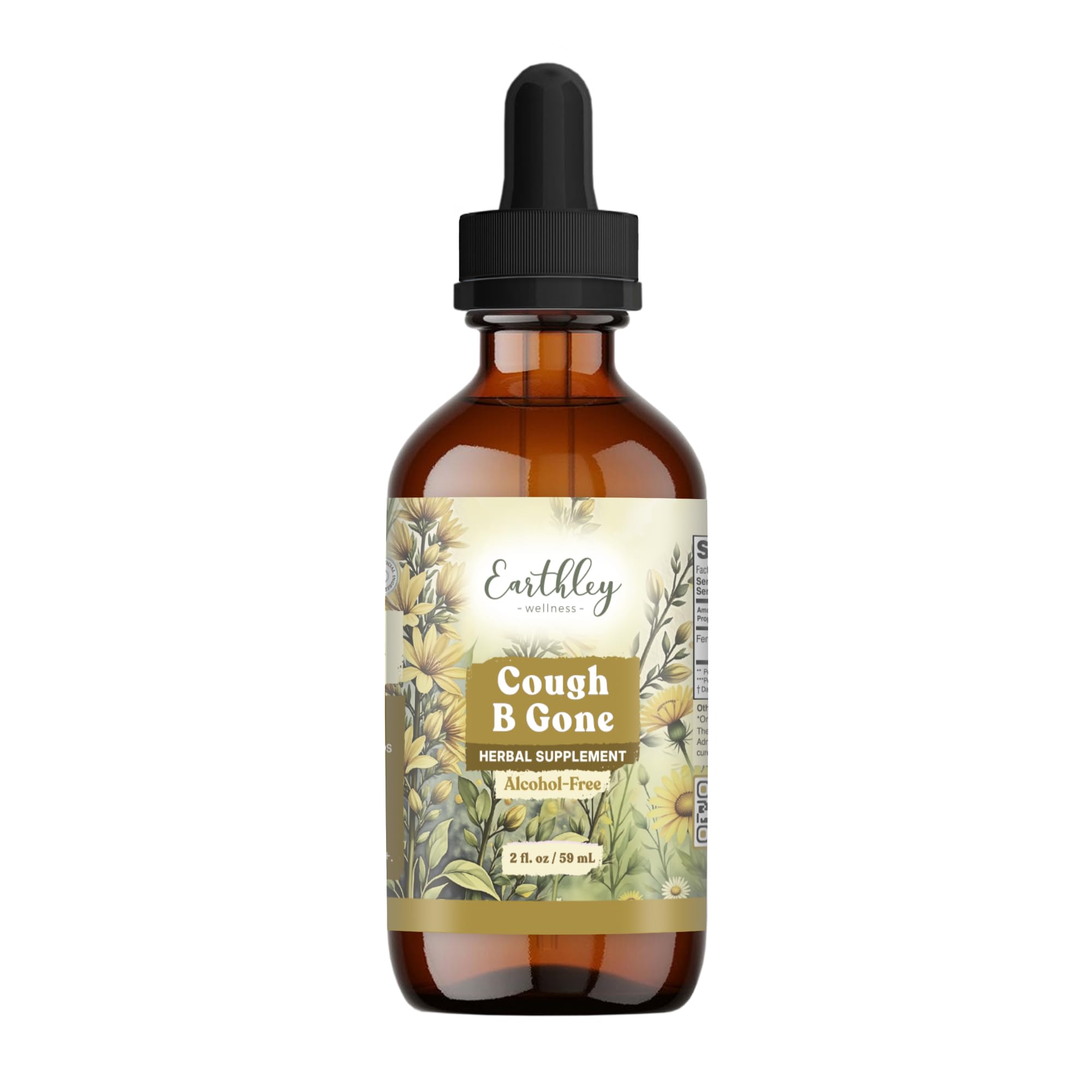Earthley Wellness Cough-B-Gone bottle label highlights organic herbs for gentle cough relief.