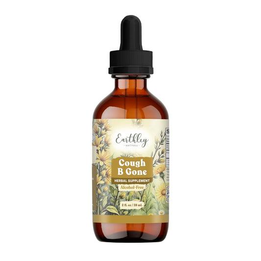 Earthley Wellness Cough-B-Gone bottle label highlights organic herbs for gentle cough relief.