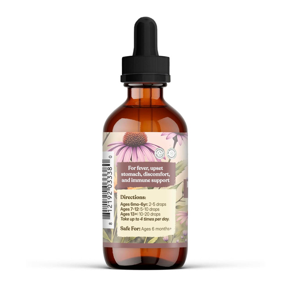 Earthley Wellness Feel Better Fast pour shot demonstrates easy, alcohol-free dosing for kids