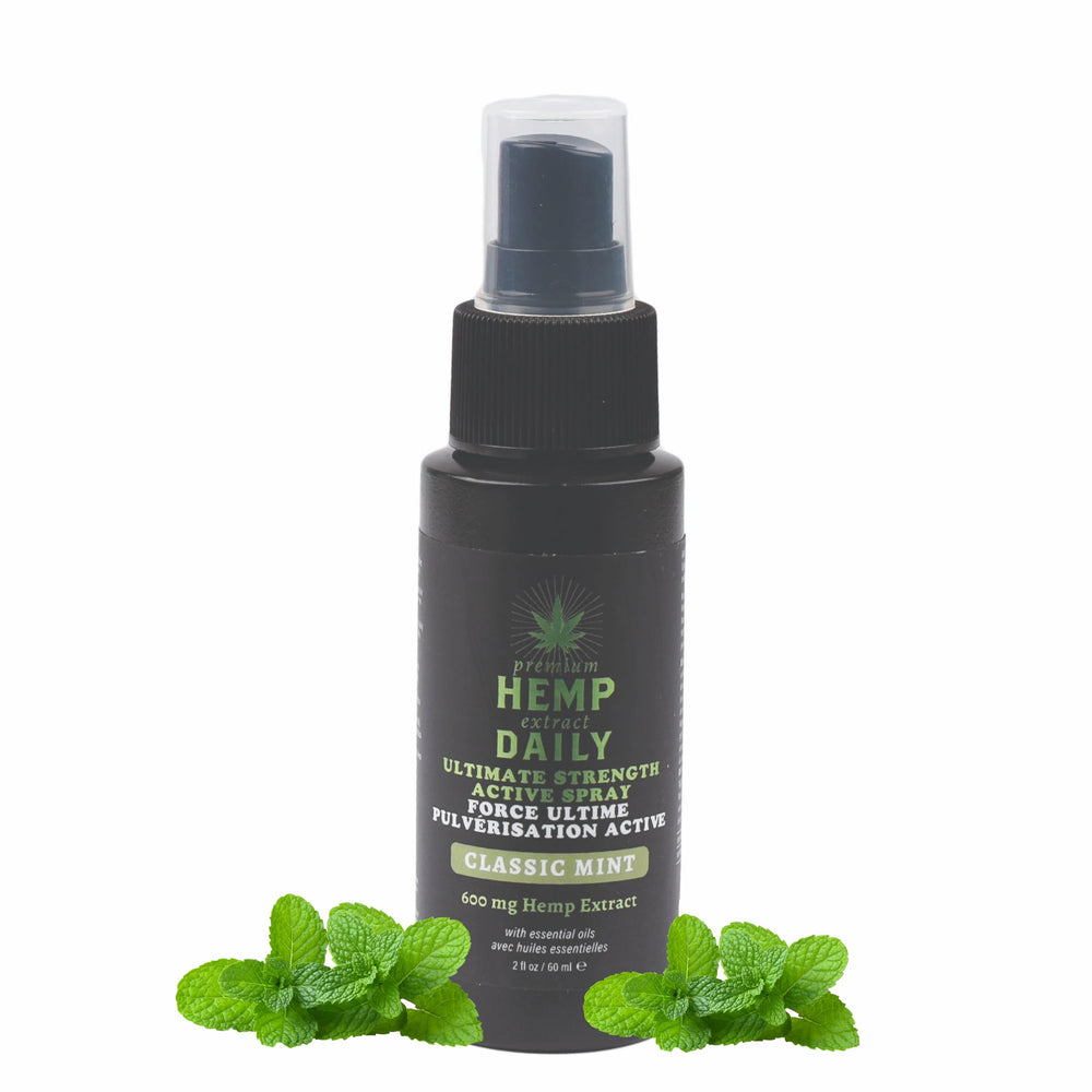 Earthly Body Hemp Daily Ultimate Strength Active Spray bottle showcases compact 2 oz size ideal for travel