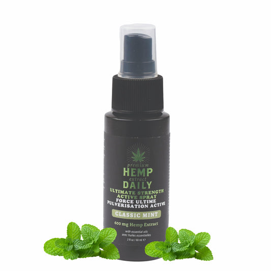 Earthly Body Hemp Daily Ultimate Strength Active Spray bottle showcases compact 2 oz size ideal for travel