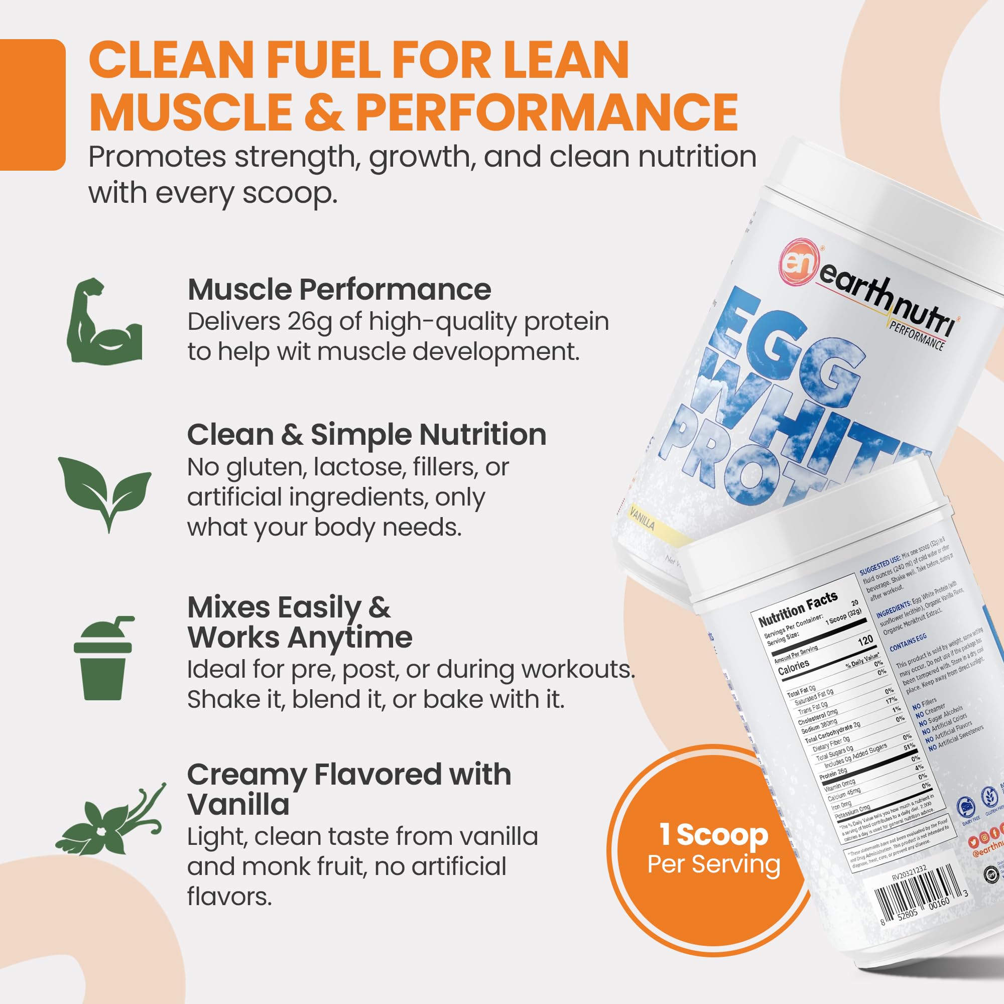 EarthNutri egg white protein powder being poured into a glass for a shake.