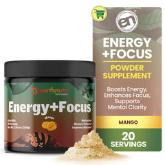 EarthNutri Energy + Focus powder bottle ready for daily use, promoting alertness and steady focus.