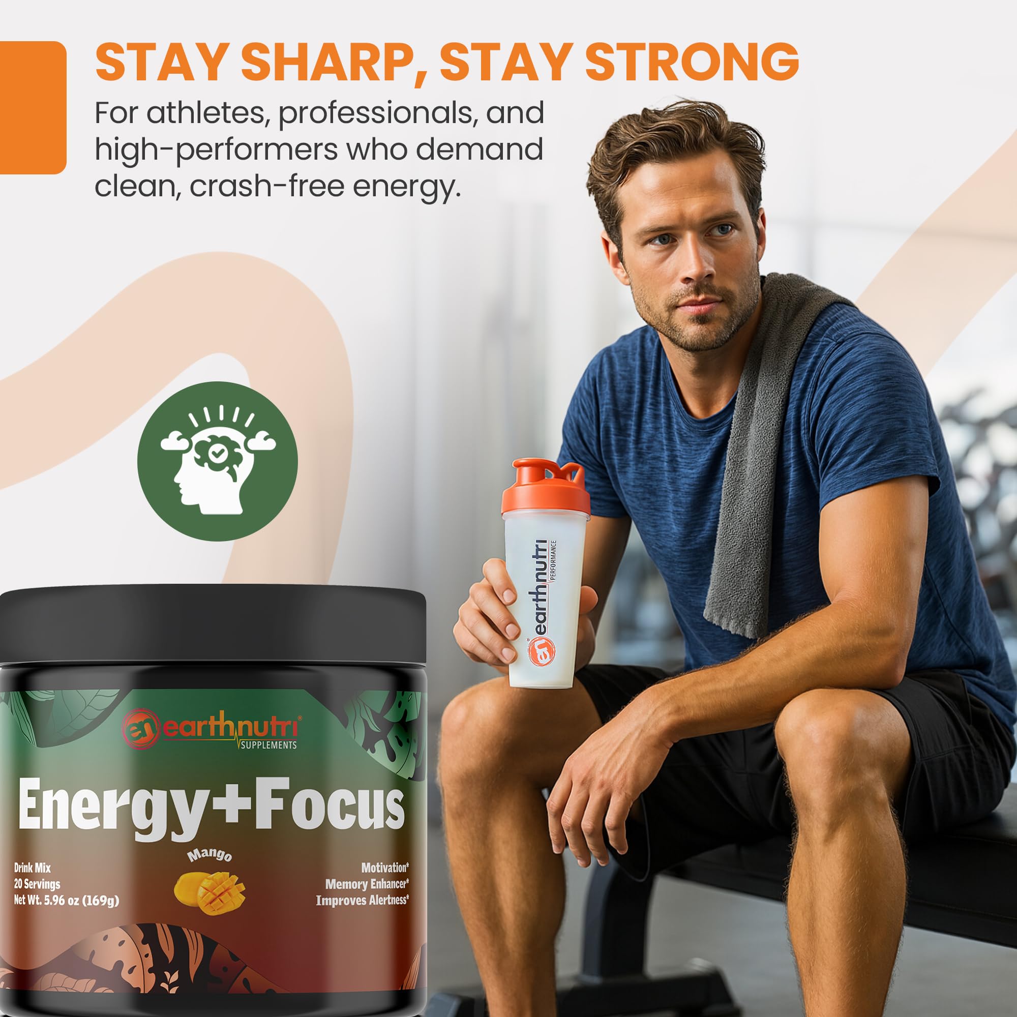 EarthNutri Energy + Focus powder on a kitchen counter suggesting everyday performance support.