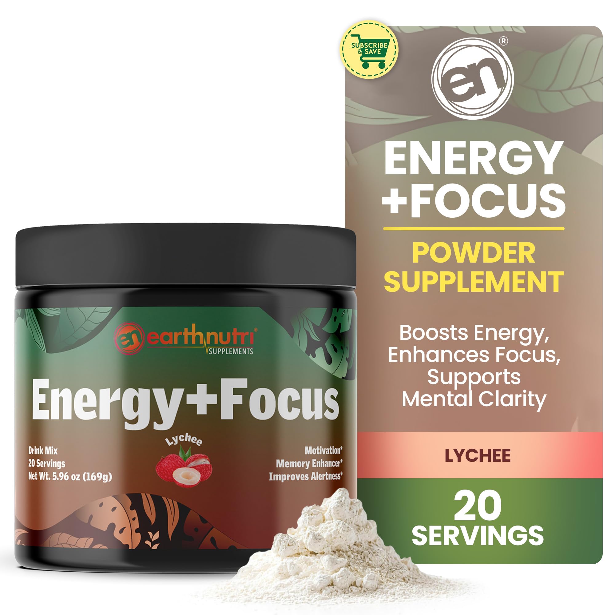 EarthNutri Energy + Focus scoop in water delivering a lychee flavor energy boost