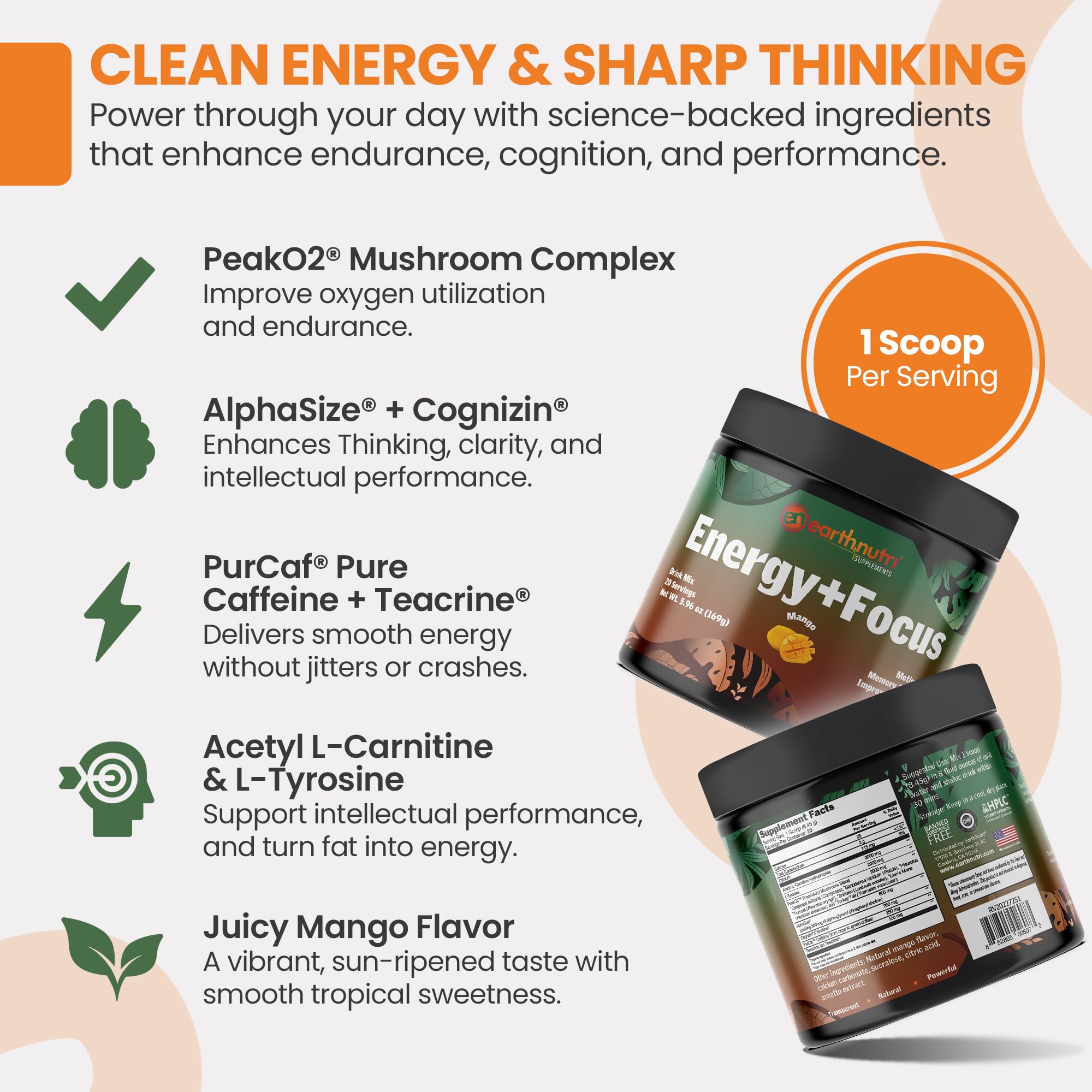 EarthNutri Energy + Focus powder shaker cup with ready-to-drink energy mix.